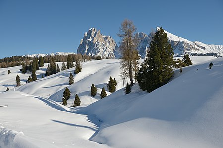 The Seiseral in the Dolomites under snow