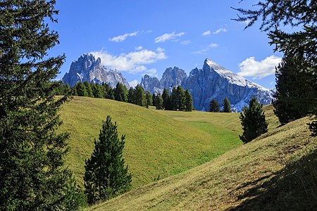 View from the Seiser Alm to the Langkofel Group, South Tyrol, Italy.