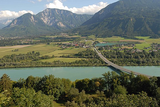 View of Drava river towards Karavanke onthe road to the Loiblpass