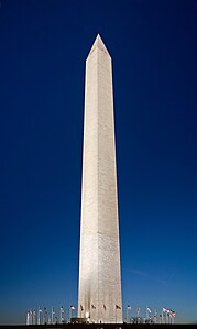 The Washington Monument obelisk. The monument was built in honor of U.S. President George Washington. It is the world's tallest stone structure and tallest obelisk.