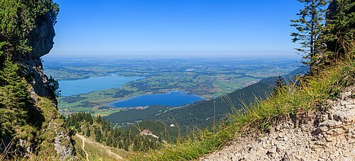 View from the Tegelberg on the Forggensee and the Bannwaldsee, Ostallgäu, Bavaria, Germany