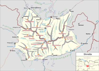 Silvretta map with Piz Buin, Guarda, Susch (Zernez) and mountain Piz Tasna