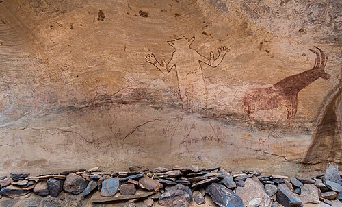 This is the Cave painting of The Grand dieu du Sefar in Sefar in Tassili n'Ajjer in Algeria. I think it can be considered FP because i tried by editing it to show more the lines as in this maquette https://www.museedelhomme.fr/fr/la-restauration-du-releve-du-grand-dieu-de-sefar