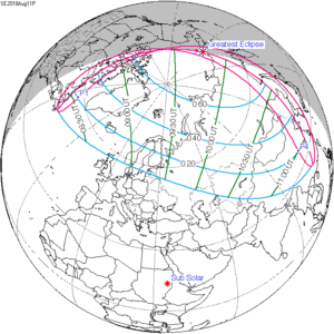 Visibility map of partial solar eclipse, August 11, 2018