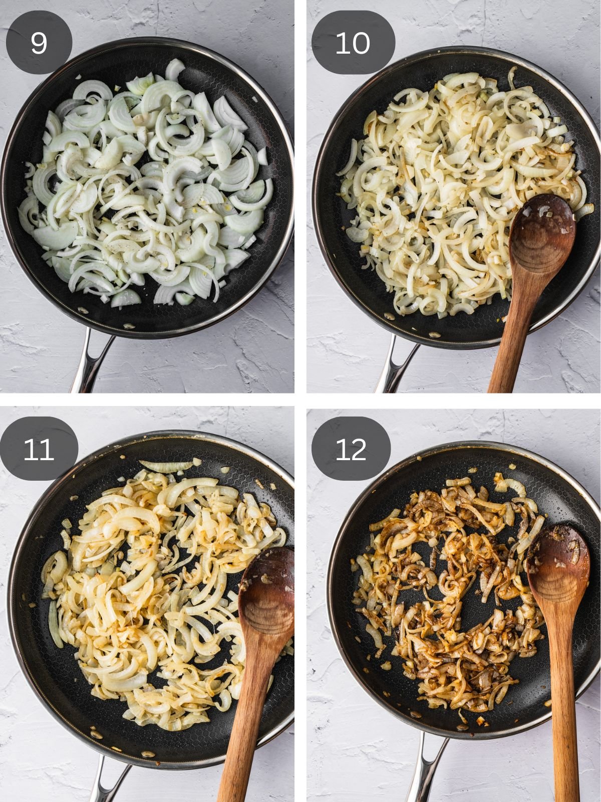 Recipe steps showing the caramelization of the onions in a frying pan.