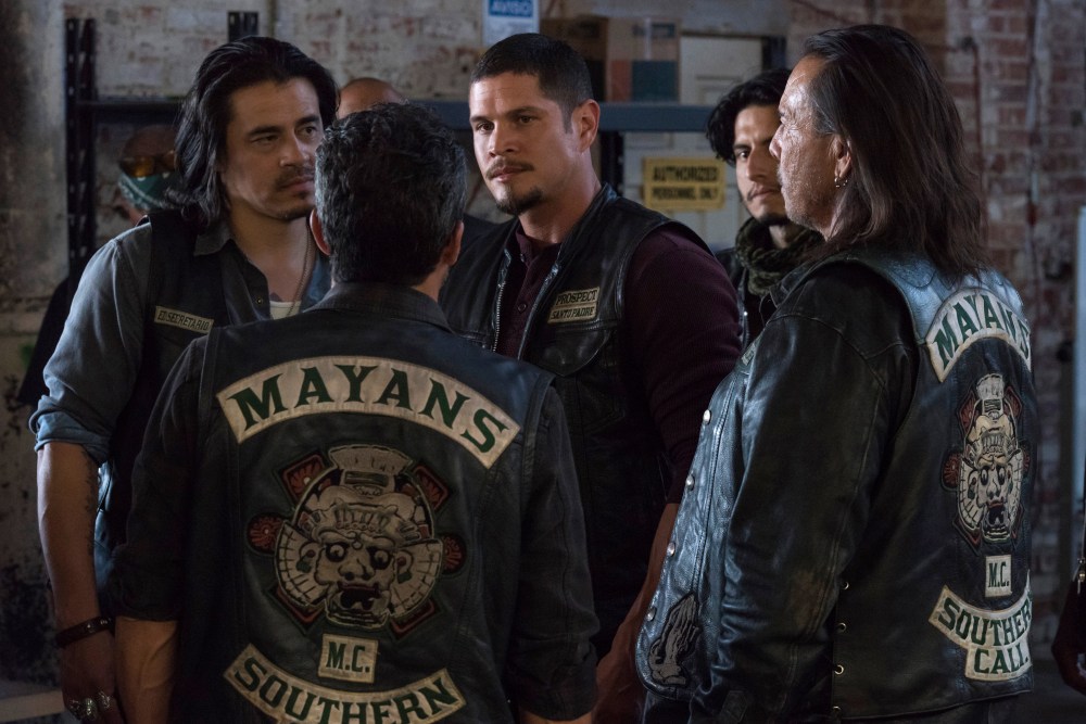 MAYANS M.C. -- "Escorpion/Dzec" -- Season 1, Episode 2 (Airs Tuesday, September 11, 10:00 p.m. e/p)  Pictured (l-r):  Antonio Jaramillo as Michael "Riz" Ariza, Michael Irby as Obispo "Bishop" Losa, JD Pardo as EZ Reyes, Richard Cabral as Johnny "Coco" Cruz, Raoul Trujillo as Che "Taza" Romero. CR: Prashant Gupta/FX