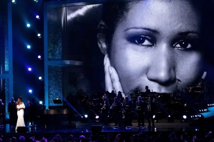 Jennifer Hudson (L) performs as a picture of Aretha Franklin is projected behind her during the taping of 'Aretha! A Grammy Celebration for the Queen of Soul' at the Shrine Auditorium in Los Angeles, California, USA, 13 January 2019. The CBS special will air on 10 March 2019.'Aretha! A Grammy Celebration for the Queen of Soul', Los Angeles, USA - 13 Jan 2019