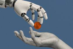 Photo illustration of a robot's hand dropping a coin into a human palm