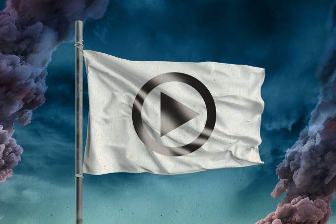 Tattered white flag flying with a streaming symbol