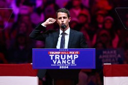 US comedian Tony Hinchcliffe speaks during a campaign rally for former US president and Republican presidential candidate Donald Trump at Madison Square Garden in New York on October 27, 2024. (Photo by ANGELA WEISS / AFP)