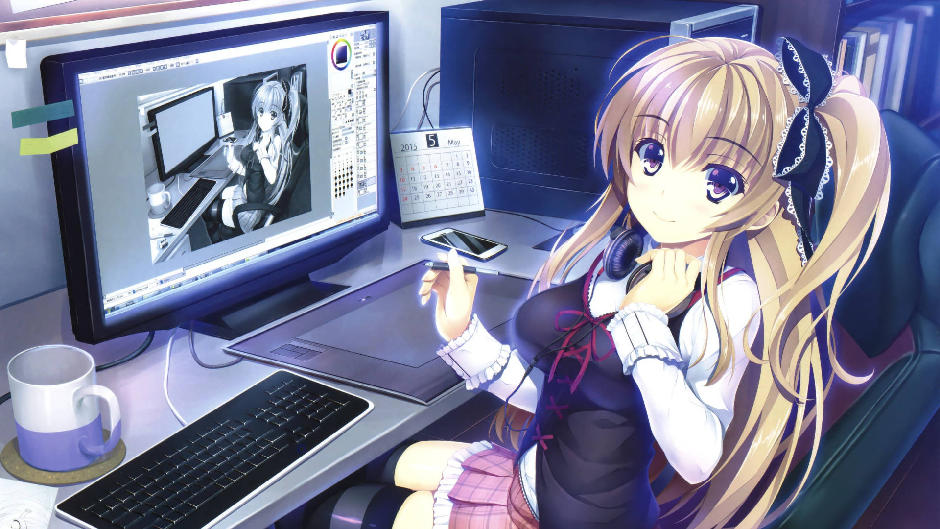 Meninaanime Usando Desktop De Computador Em Full Hd. Papel de Parede