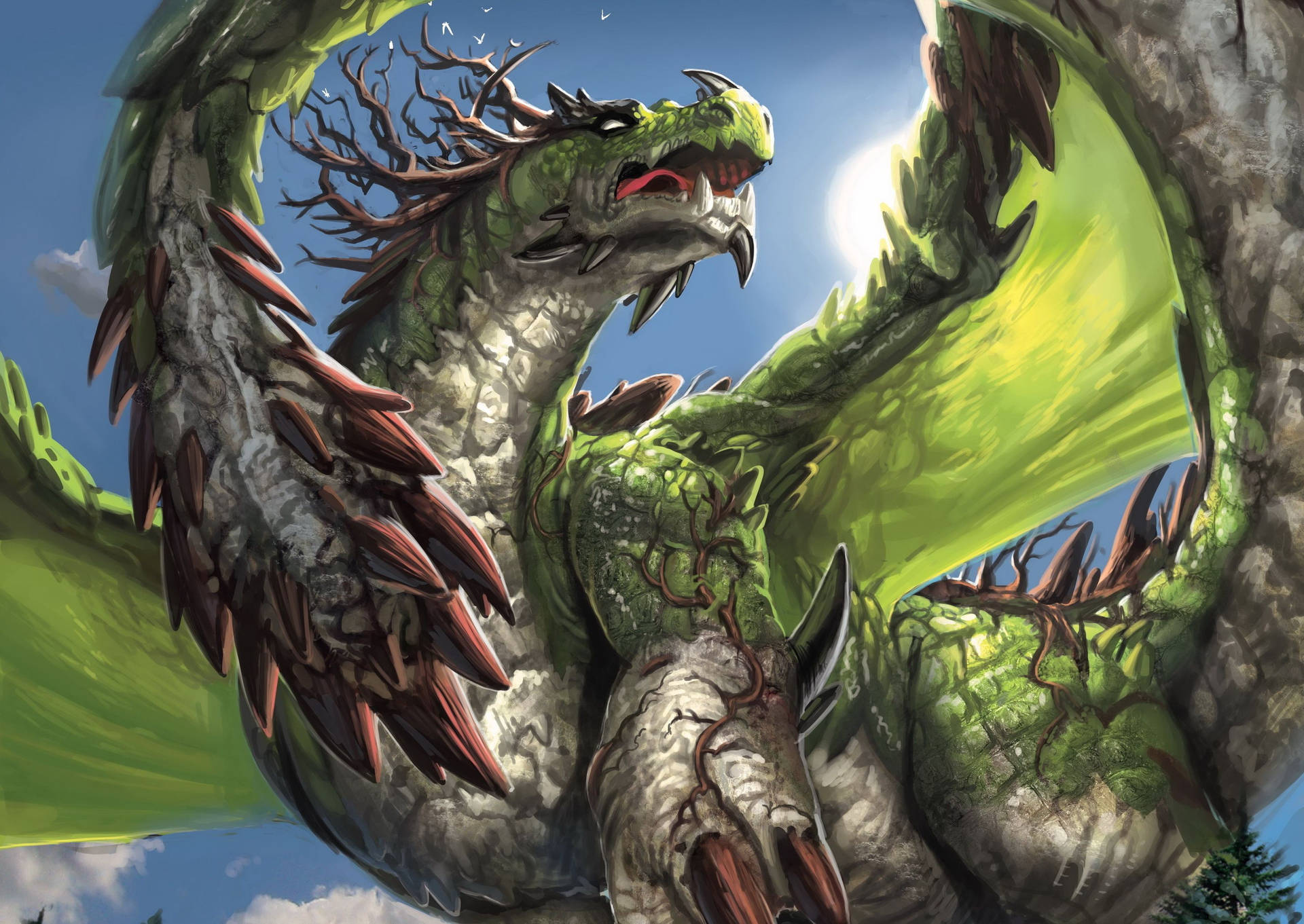 Green Rocky Japanese Dragon PC Wallpaper