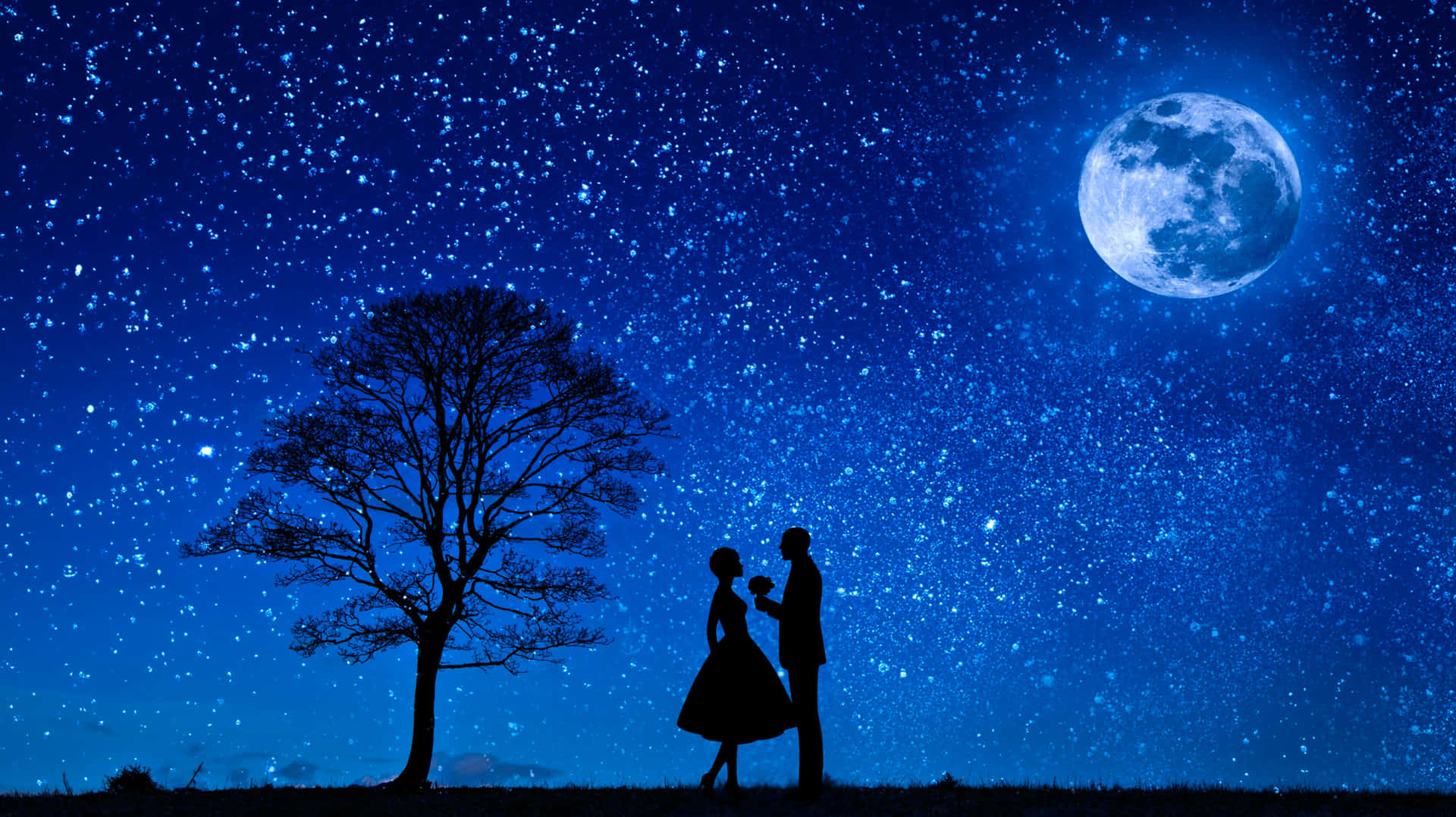 Husband And Wife Under Starry Sky With Moon Wallpaper