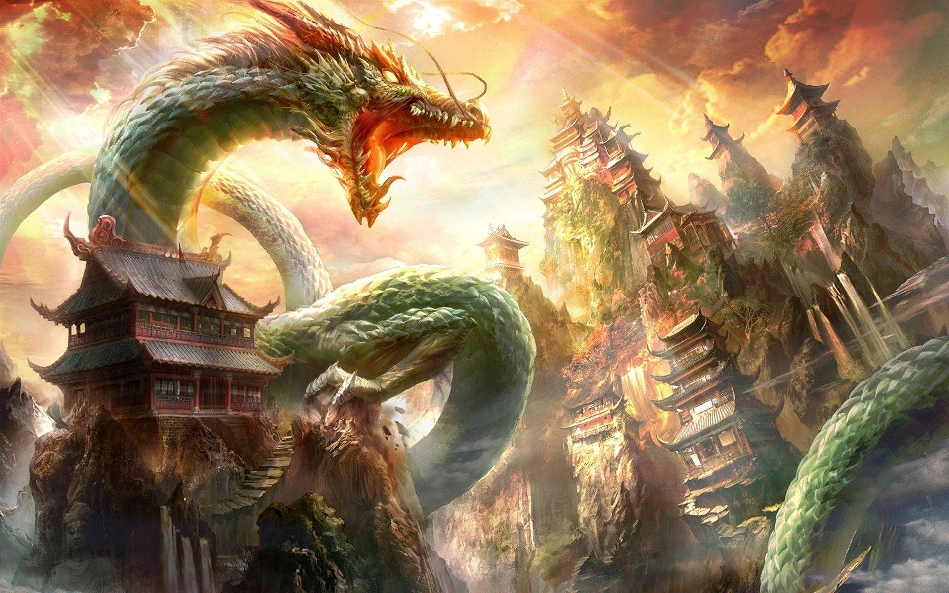 Japanese Dragon PC On Temples And Hills Wallpaper