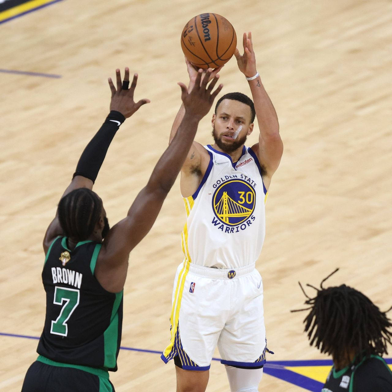 Jaylen Brown Blocking Steph Curry Wallpaper