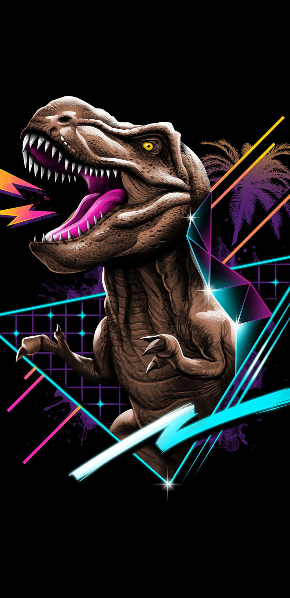 En T-rex med et neon baggrund og et neon lys. Wallpaper