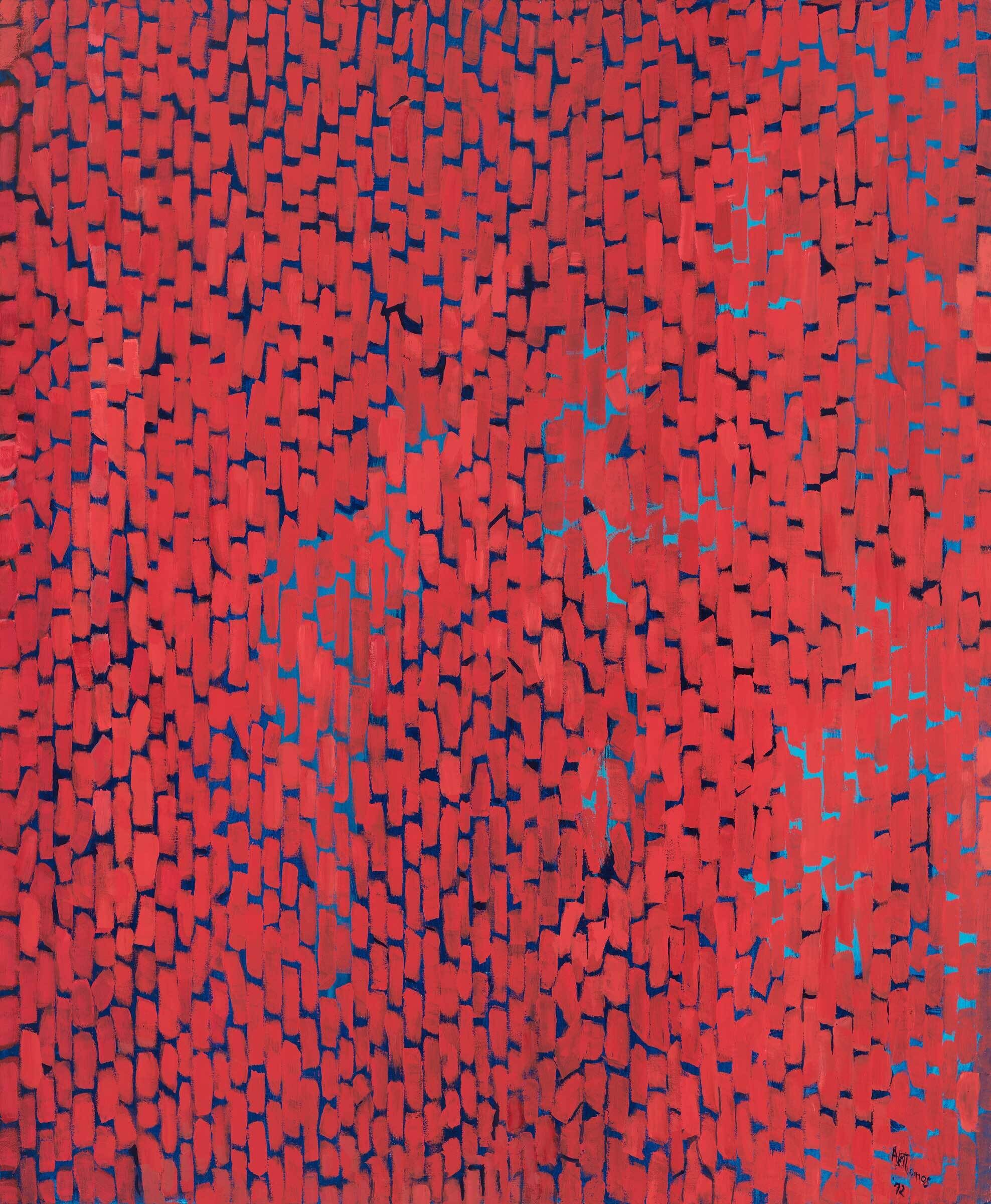 Abstract painting with red brushstrokes on a blue background, creating a textured, mosaic-like pattern.