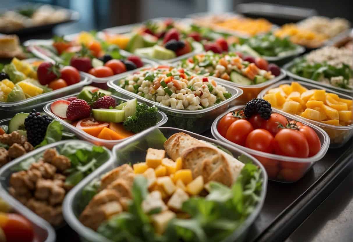 A table filled with a variety of colorful and appetizing cold lunch options, including salads, sandwiches, wraps, and fruit, arranged neatly on plates and in containers