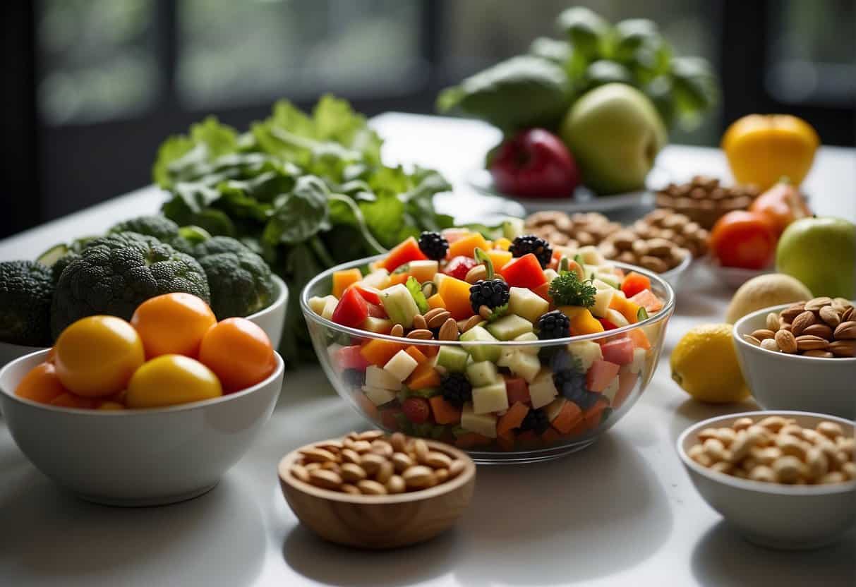 A colorful array of fresh vegetables, fruits, nuts, and other ingredients are displayed on a clean, white table, ready to be transformed into delicious and nutritious cold lunch salads for adults