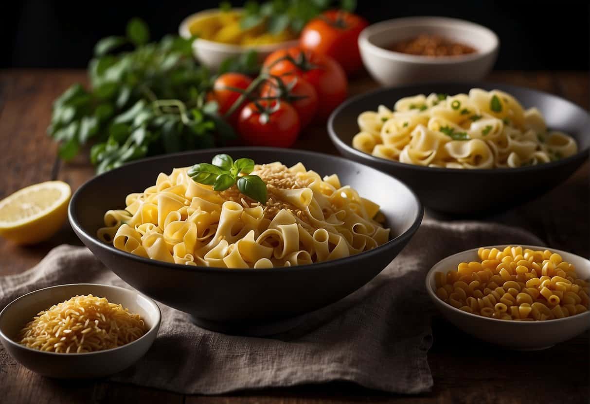 A table set with various pasta and noodle bowls, accompanied by fresh ingredients and condiments