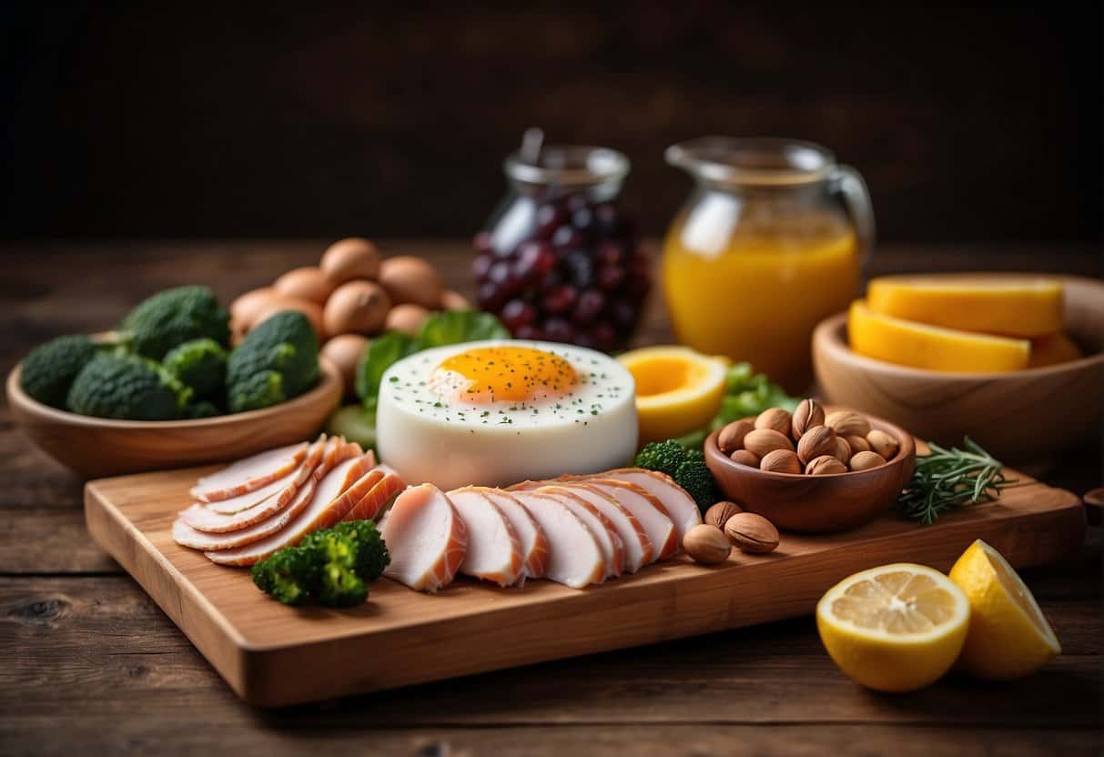 A colorful array of protein-rich foods arranged on a wooden board, including sliced turkey, hard-boiled eggs, nuts, and cheese, with fresh fruits and vegetables on the side