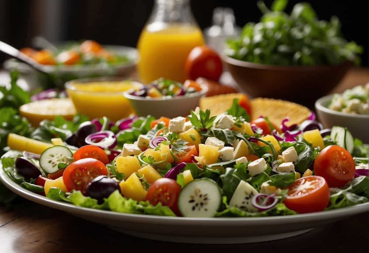 A table adorned with colorful salads from around the world, showcasing a variety of fresh ingredients and vibrant flavors