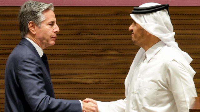 Article thumbnail: Qatar's Prime Minister and Foreign Affairs Minister Sheikh Mohammed bin Abdulrahman bin Jassim al-Thani and US Secretary of State Antony Blinken shake hands during a joint press conference in Doha on October 24, 2024. (Photo by KARIM JAAFAR / AFP) (Photo by KARIM JAAFAR/AFP via Getty Images)