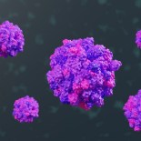 Article thumbnail: Purple and magenta molecules forming the shape of norovirus in dark background. Illustration of the concept of winter vomiting disease and virus transmission