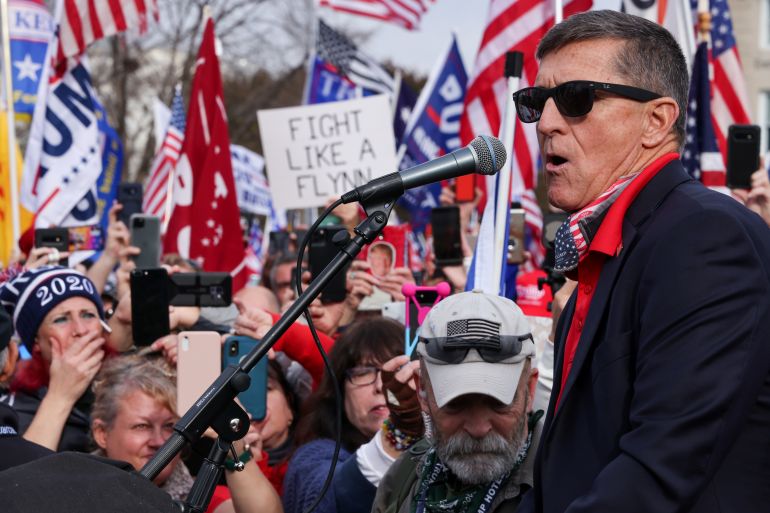 Former U.S. national security adviser Michael Flynn speaks as supporters of U.S. President Donald Trump listen during a rally to protest the results of the election in front of Supreme Court building, in Washington, U.S., December 12, 2020. REUTERS/Jonathan Ernst