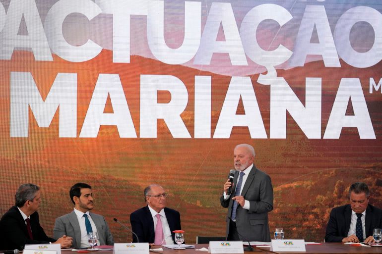 Brazil's President Luiz Inacio Lula da Silva speaks at a signing ceremony of a compensation agreement for damages caused by the 2015 collapse of the Mariana dam