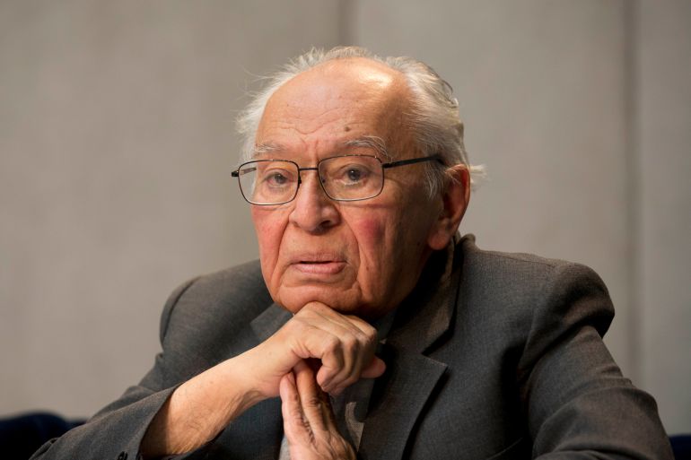 Peruvian theologian Gustavo Gutierrez attends a press conference at the Vatican, Tuesday, May 12, 2015. The founder of the once-criticized liberation theology has praised the "new climate" at the Vatican under Pope Francis that has focused the church's attention on serving the poor. Rev. Gustavo Gutierrez made his first appearance at an official Vatican press conference Tuesday. (AP Photo/Alessandra Tarantino)