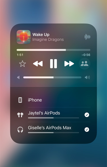 Screenshot of a song on Apple Music playing on two different sets of AirPods.