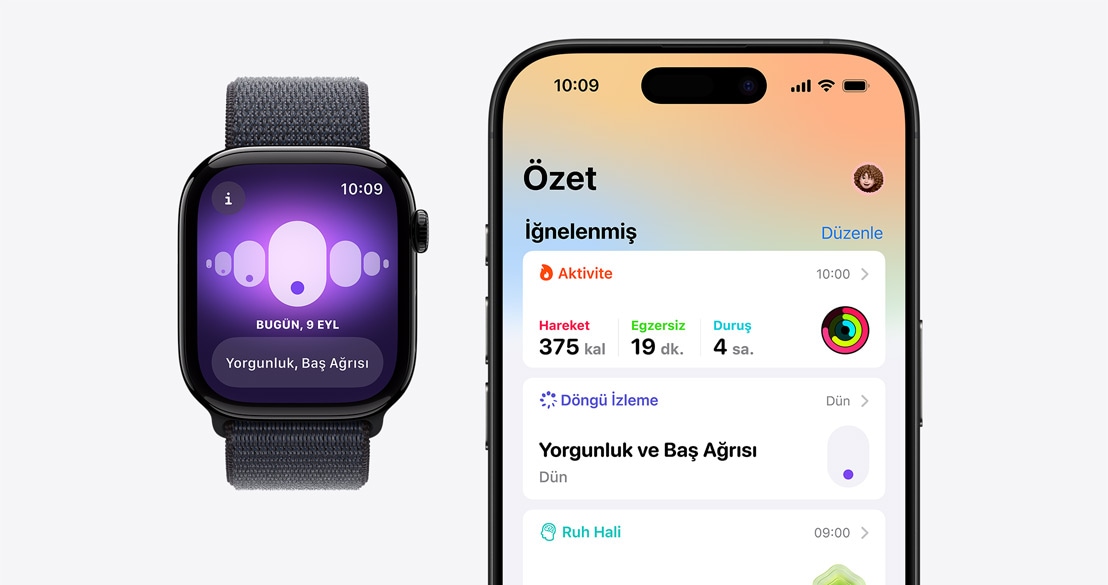 Apple Watch Series 10’da Döngü İzleme uygulaması, iPhone 16 Pro’da ise Sağlık uygulamasında Döngü İzleme bilgileri gösteriliyor