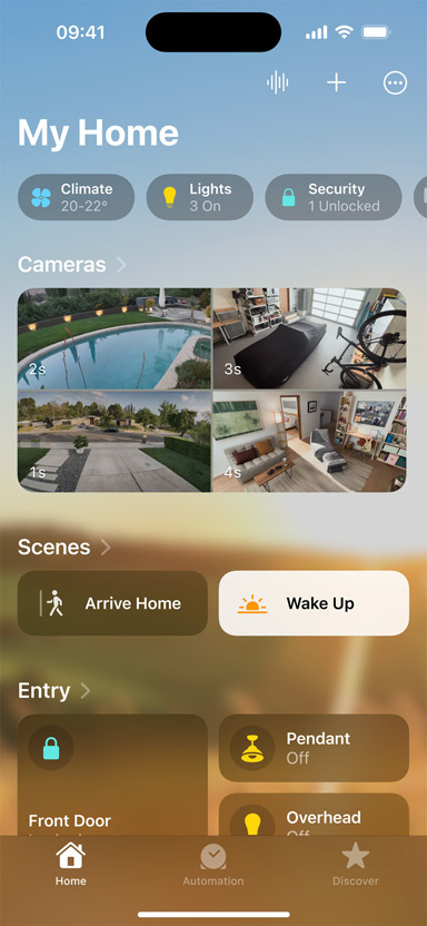 iPhone displaying my home, cameras, scenes and door entry