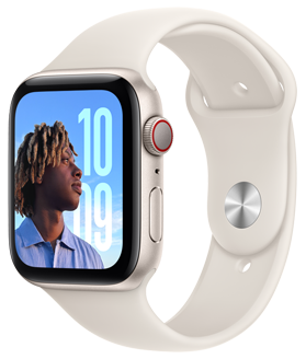 نماذج من ساعة Apple Watch SE بالألوان المتوفرة: ألومنيوم سماء الليل، ألومنيوم ضوء النجوم، ألومنيوم فضي.