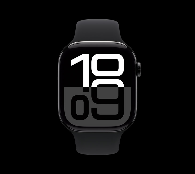 제트 블랙 알루미늄 마감을 갖춘 Apple Watch Series 10의 앞모습.