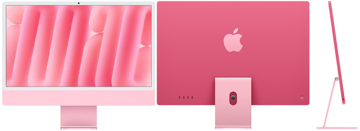 Pinkki iMac edestä, takaa ja sivulta