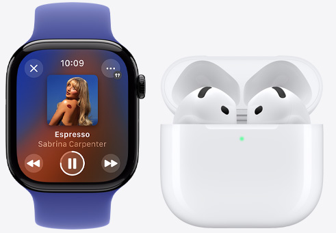 Apple Watch Series 10:ssä toistetaan kappaletta AirPods 4 ‑kuulokkeiden vieressä.