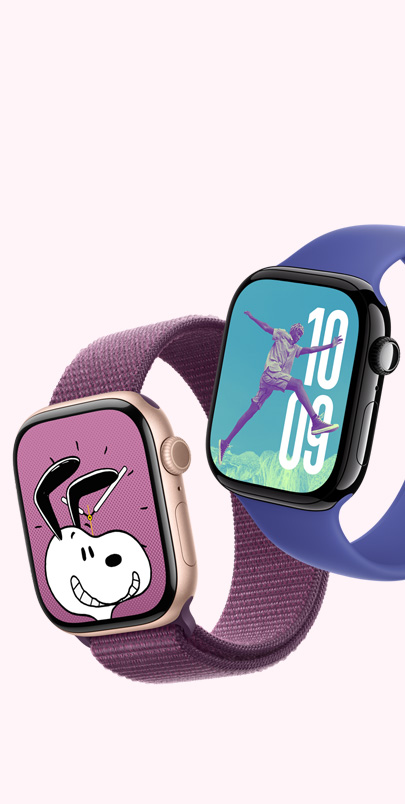 İki adet Apple Watch Series 10. İlki bir Snoopy kadranına ve Kırmızı Erik Spor Loop kordona sahip. İkincisi Fotoğraflar kadranına ve Laciverttaş Solo Loop kordona sahip. Kişiselleştirme özellikleri hakkında daha fazla bilgi için lütfen artı düğmesine tıklayın.