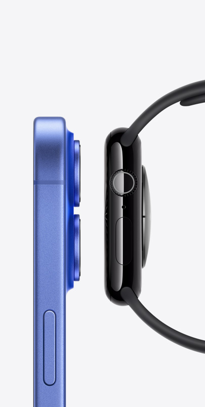 Sivunäkymä vierekkäin olevista iPhone 16:sta ja Apple Watch Series 10:stä. Klikkaamalla pluspainiketta näet lisätietoja Apple Watchin ja iPhonen ominaisuuksista.