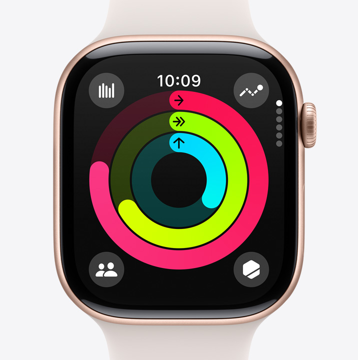 Apple Watch Series 10:ssä on näkyvillä Aktiivisuus-appi, jossa näkyvät käyttäjän arkiliikunnan, treenin ja seisomisen ympyrät.