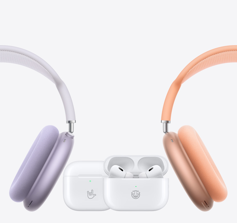 AirPods Max vasemmalla ja oikealla, AirPods 4 ja AirPods Pro 2 keskellä.