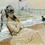 An Impressionistic painting of a woman in a hat on the beach, holding an umbrella. A mother and child play at the shoreline in the background.