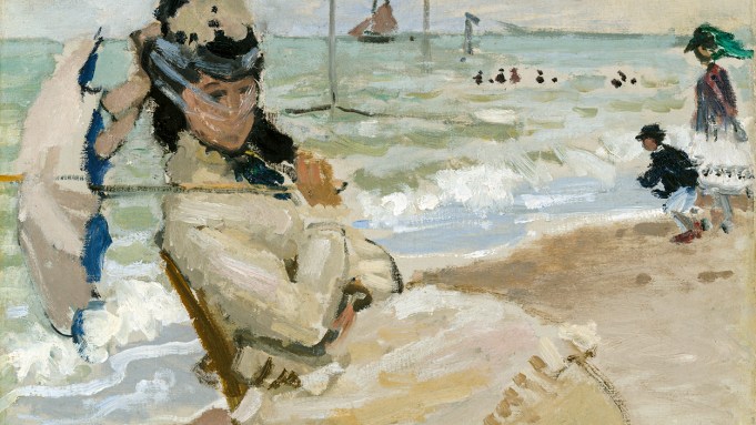 An Impressionistic painting of a woman in a hat on the beach, holding an umbrella. A mother and child play at the shoreline in the background.