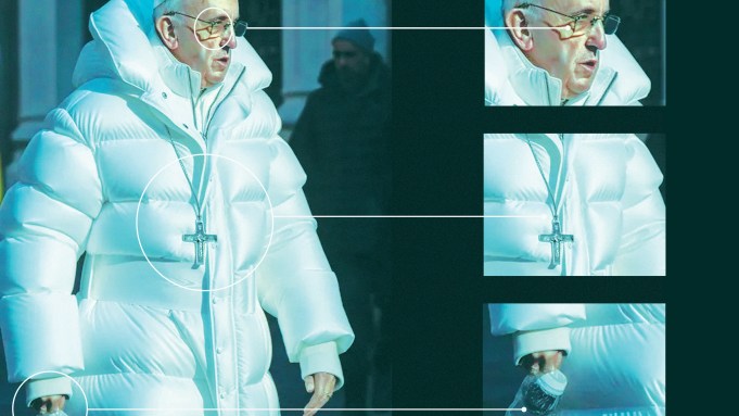 A picture of hte pope wearing a puff jacket, with close-ups revealing AI-generated details.