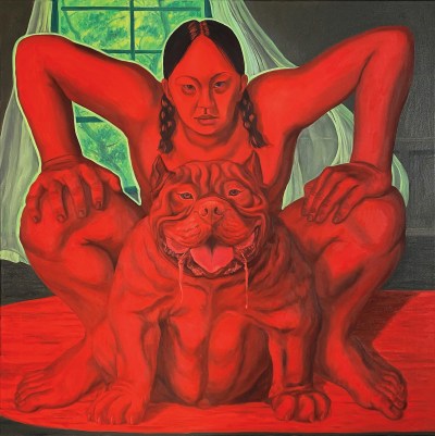 A red painting of a naked woman crouching behind a pit bull, both staring intently ahead.