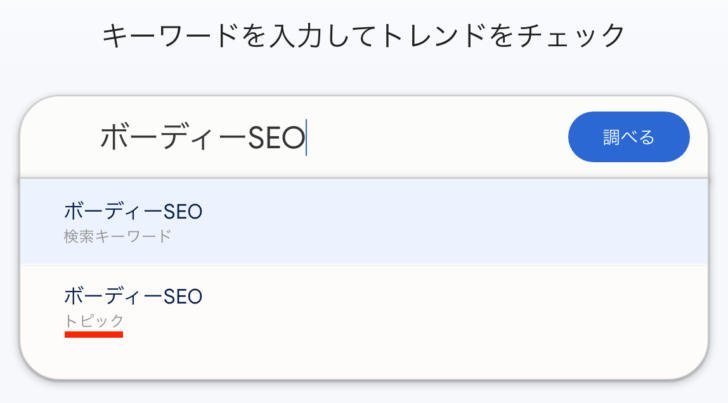 キーワード「ボーディーSEO」と入力したときの検索候補には「トピック」が出現し、「ボーディーSEO」が単なる文字列ではなくエンティティとして認識されていることがわかります。