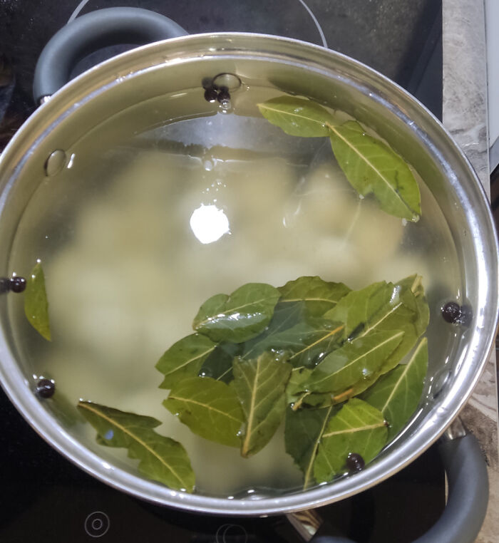 Pot of water with bay leaves and whole black peppercorns floating, related to infuriating boyfriends' cooking habits.