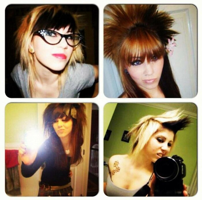 Young people with unique hairstyles and bold fashion choices from their blunder years.