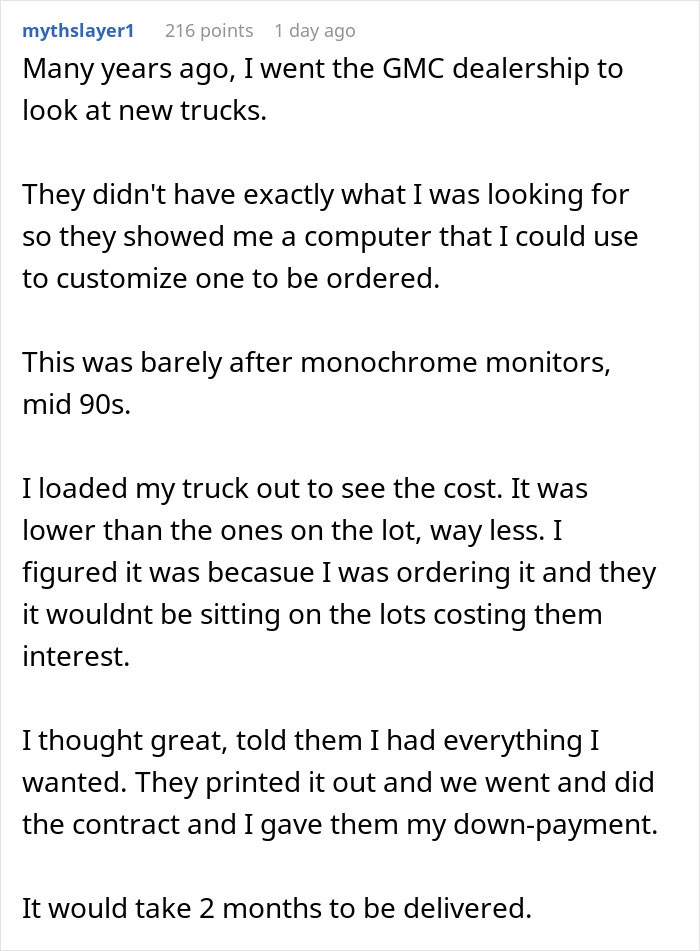 Customer persistence in ordering a GMC truck, customizing through a computer, sharing a 90s dealership experience.